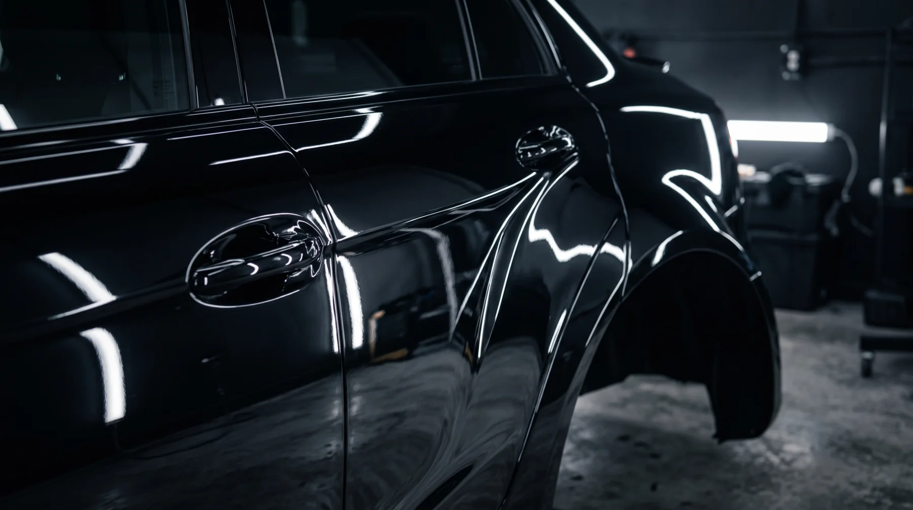 A glossy black sports car under strip lighting in a dark detailing studio