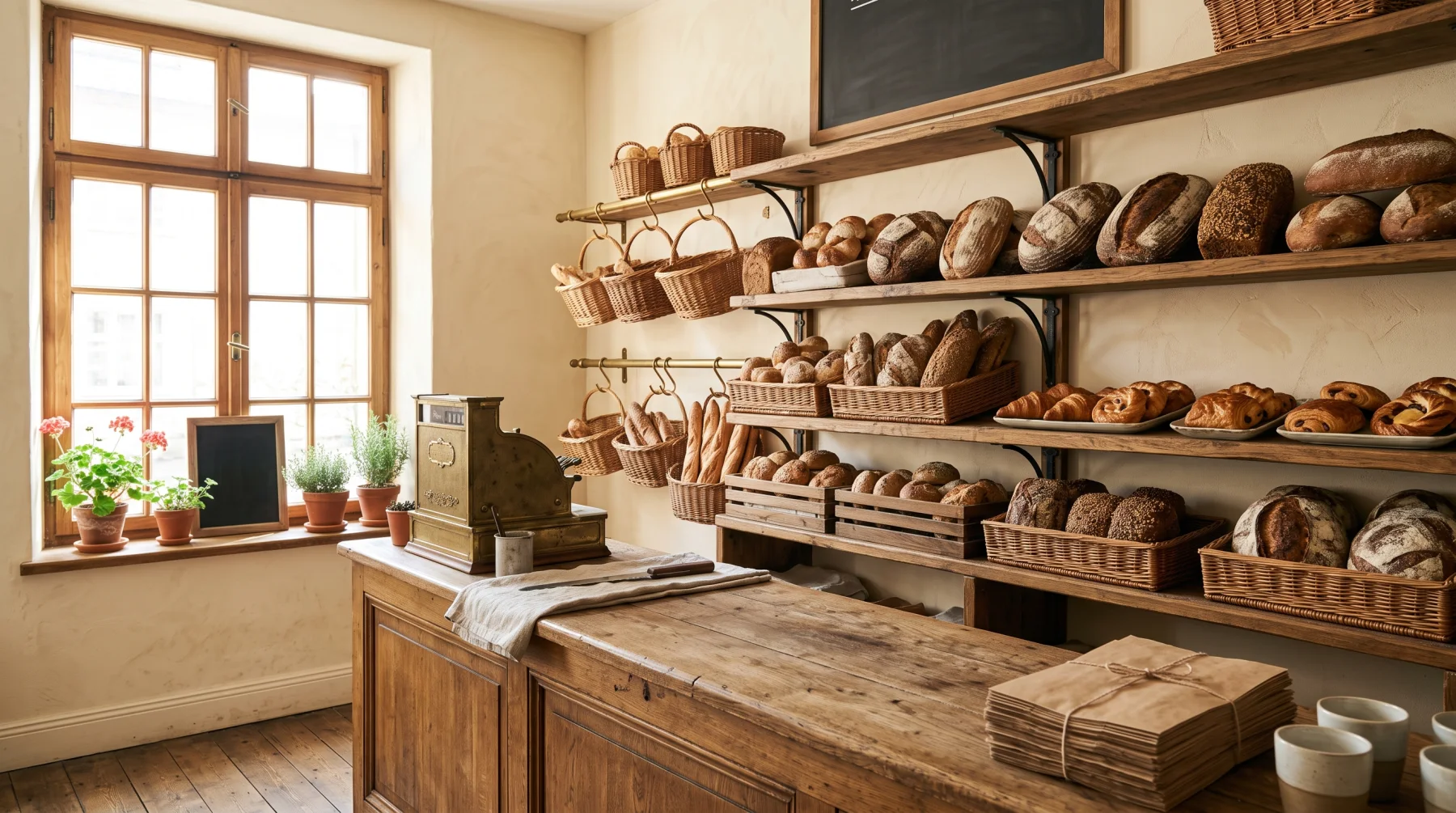 A bakery counter with baskets of rustic loaves under warm morning light