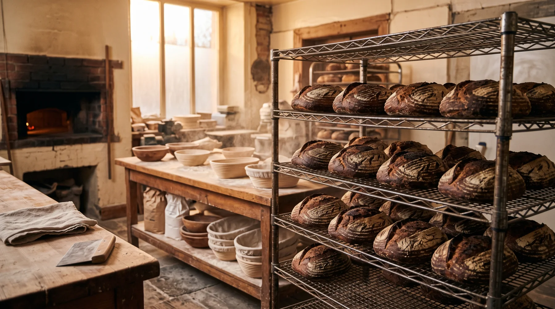 Dark scored sourdough loaves cooling on a steel rack in a warm bakery