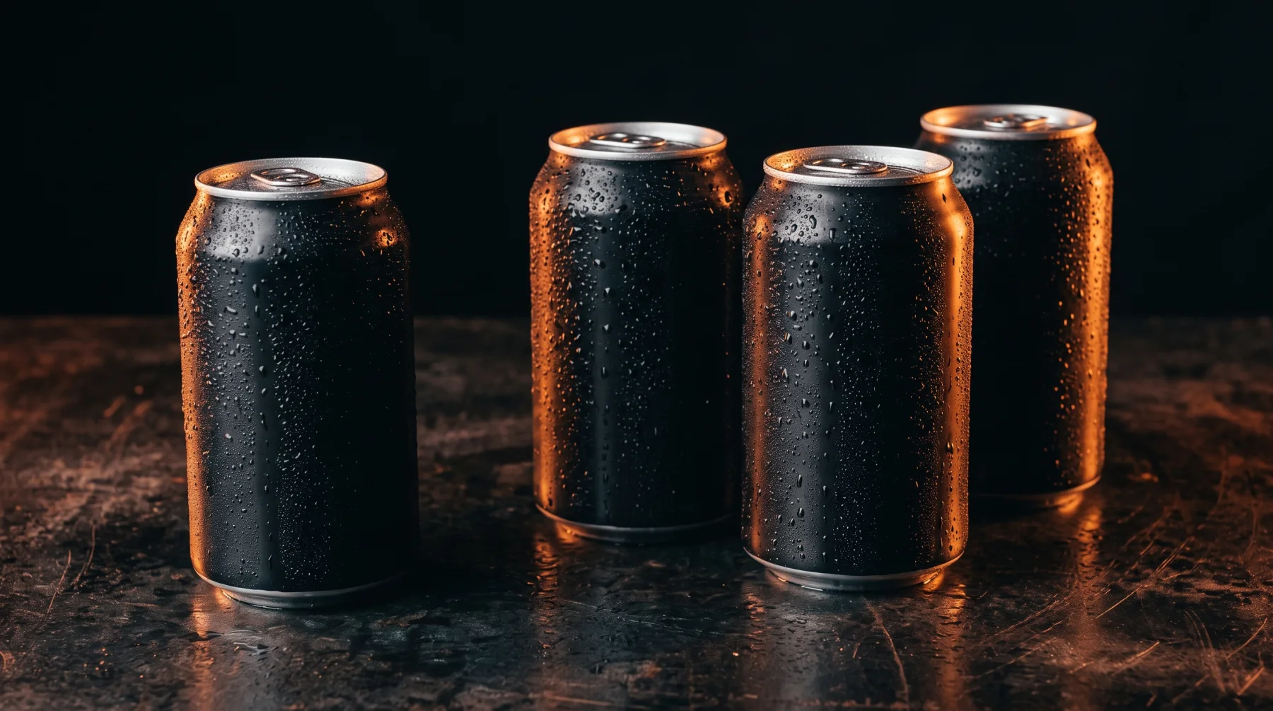 Blank matte black beer cans on dark steel under hard amber light