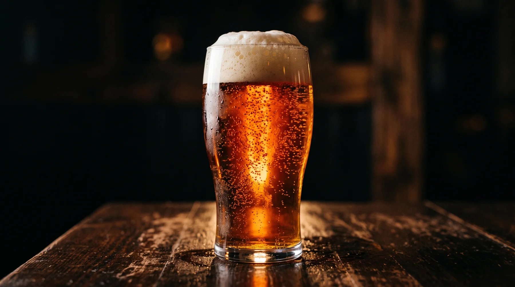 A backlit glass of amber beer with a thick foam head on a dark bar