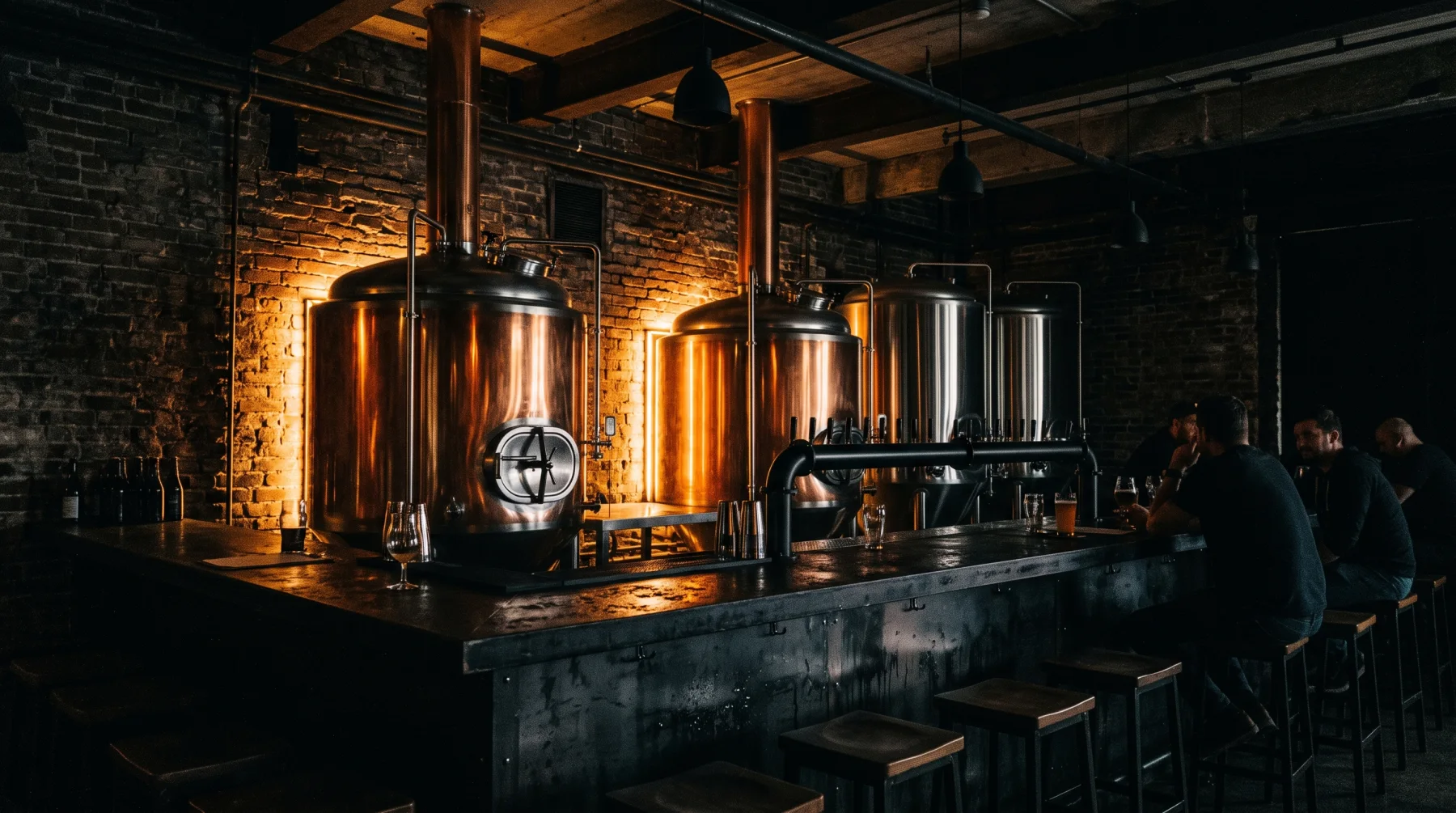 Copper and steel fermentation tanks behind a dark steel taproom bar
