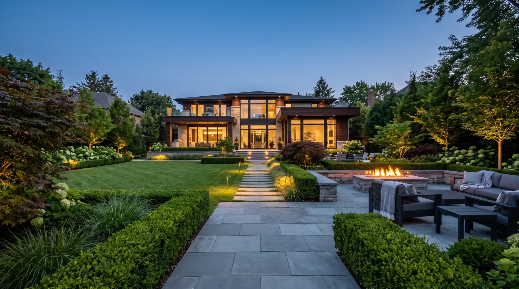 A designed garden terrace in full summer growth