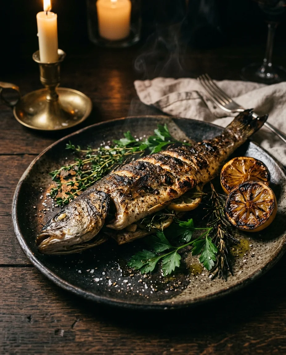Whole branzino cooked over a wood fire with charred lemon
