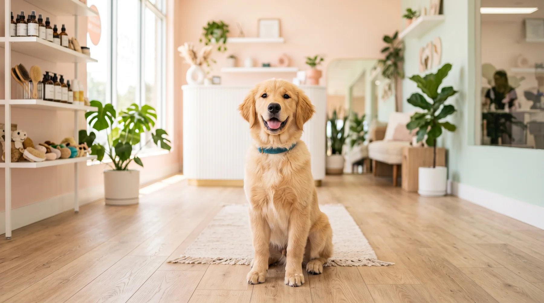 A freshly groomed golden retriever sitting in a bright sunlit grooming salon