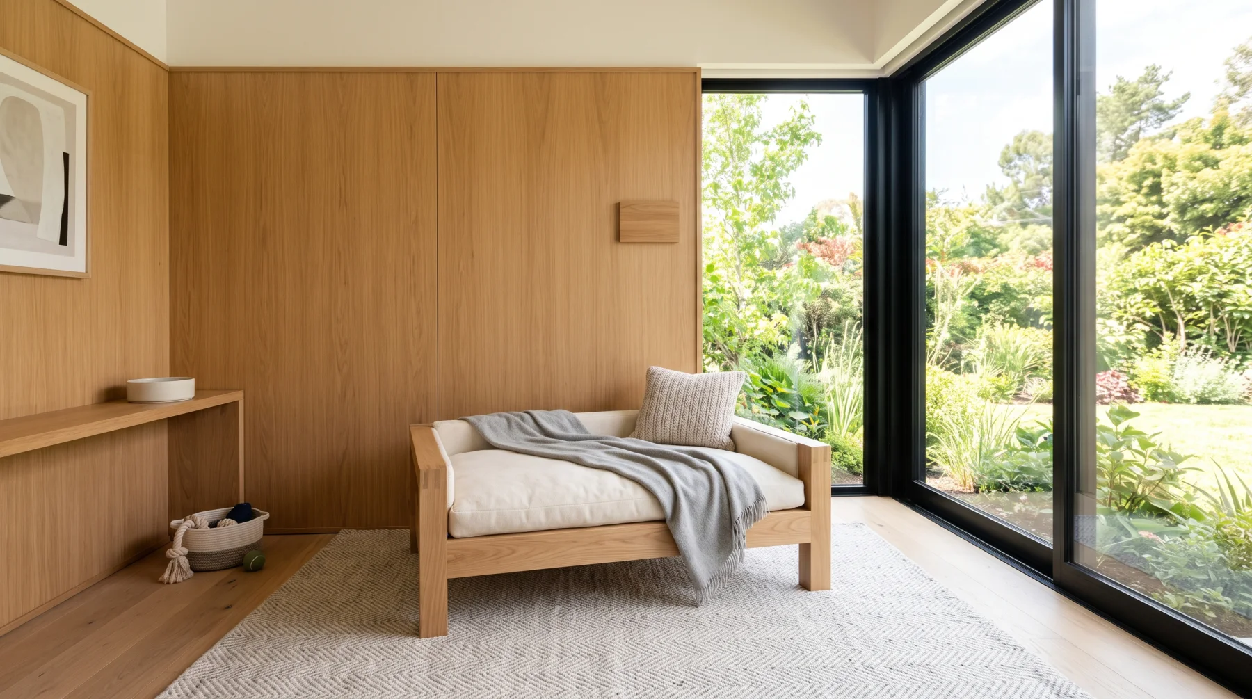 A bright boarding suite with a raised cushioned dog bed and a window onto a garden