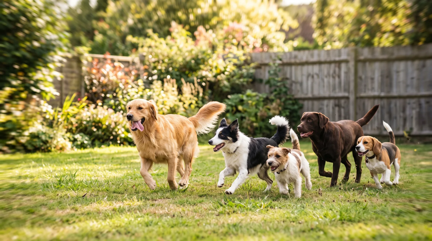 Dogs running together on the grass in a sunny fenced play yard