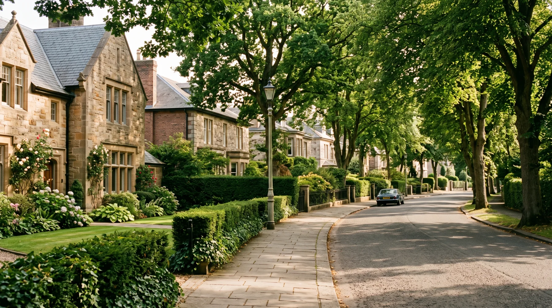 A leafy residential avenue lined with mature trees