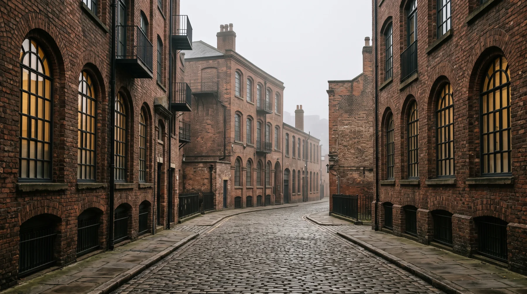 A converted warehouse district with tall arched windows