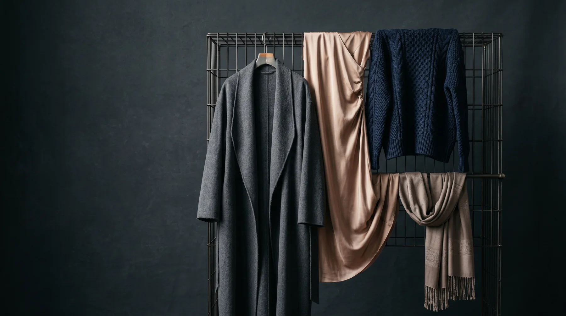 Draped silk and wool on a wire rack