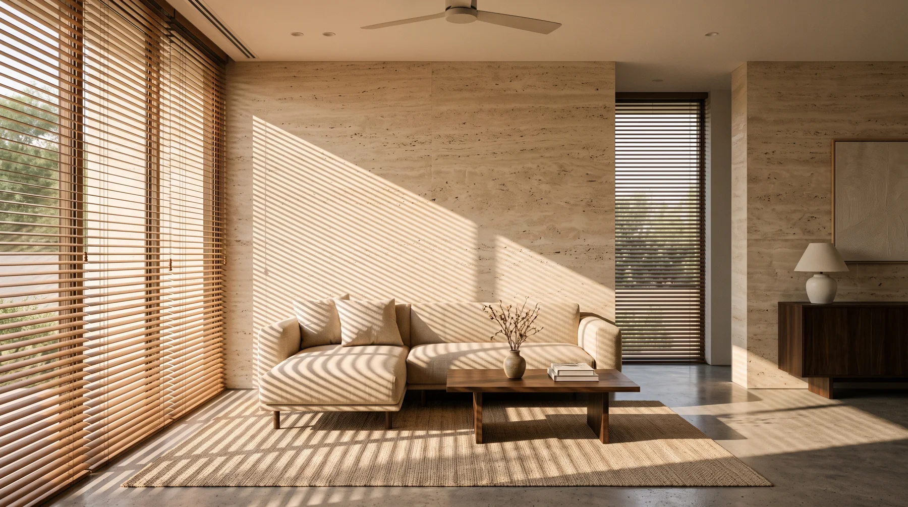 A travertine room with striped light from slatted blinds