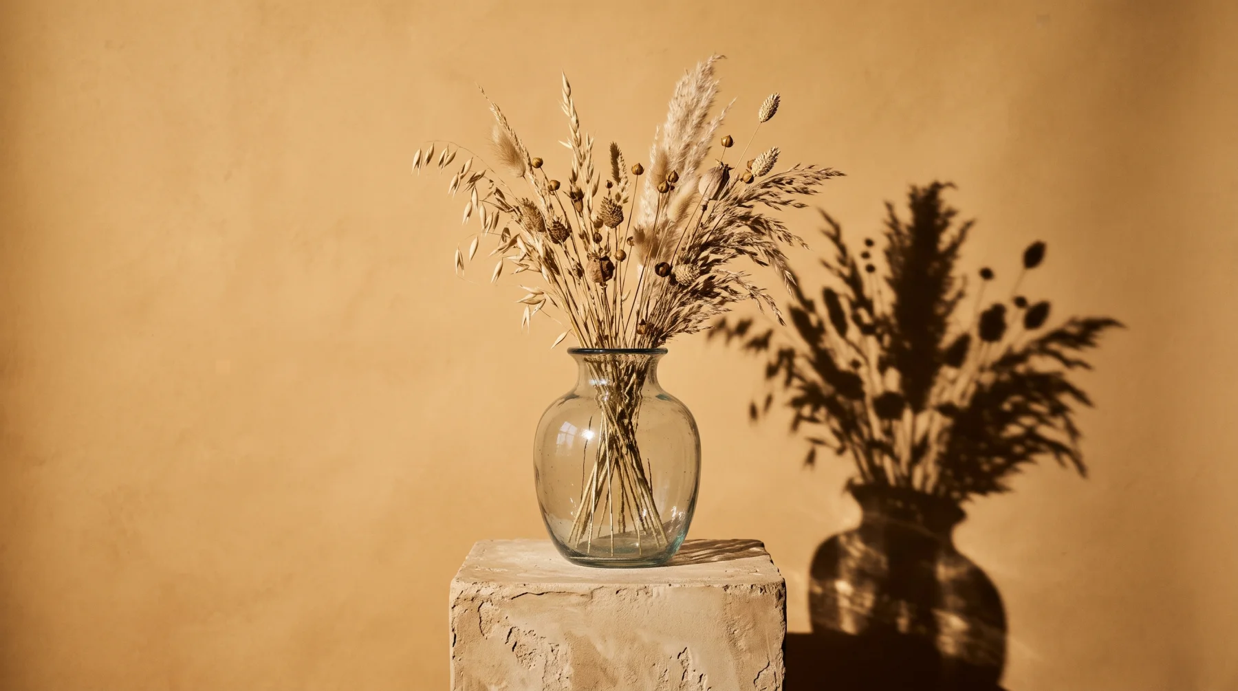 Dried grasses in a glass vase with a long hard shadow