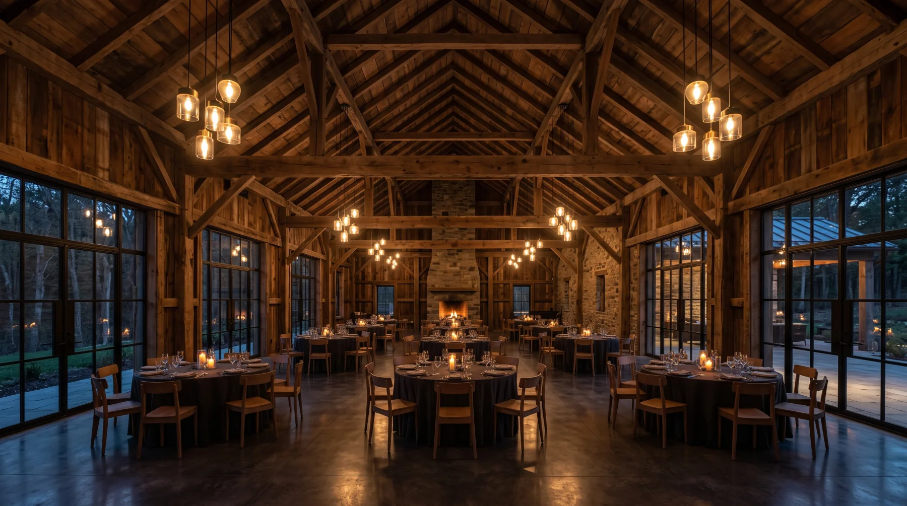 A restored timber barn with vaulted trusses and pendant lamps