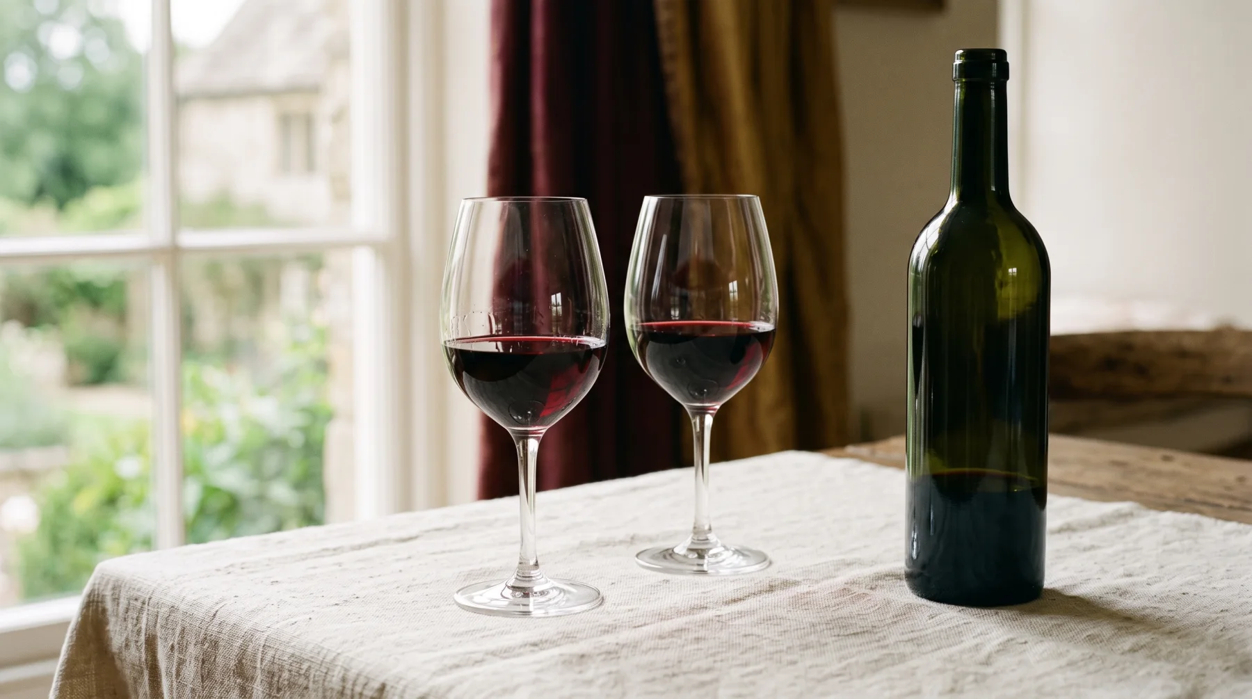 Two glasses of red wine beside an unlabelled bottle on ivory linen